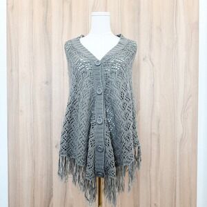 Womens Crochet Knit Fringe Poncho Cardigan Sweater OS Gray Boho Hippie Festival